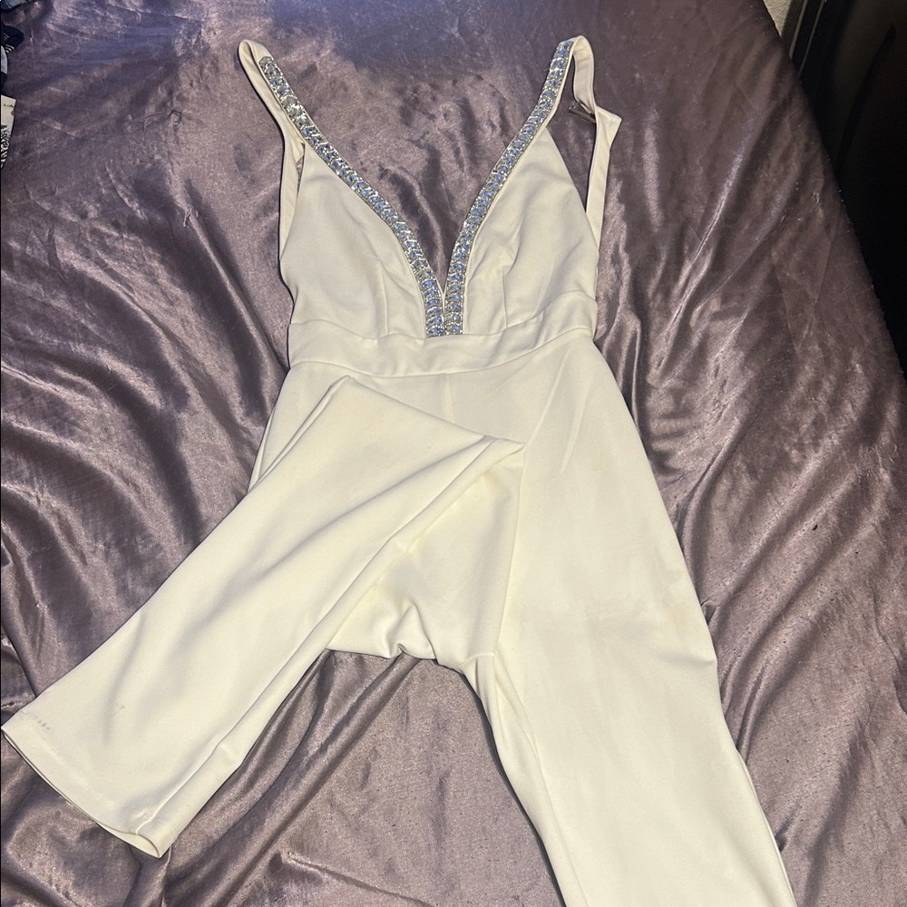 White Backless Jumpsuit with Silver Rhinestones